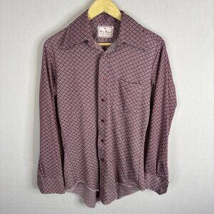 Vintage 70s Men M Prince Romano Disco Shirt Burgundy Geometric Knit Long Sleeve